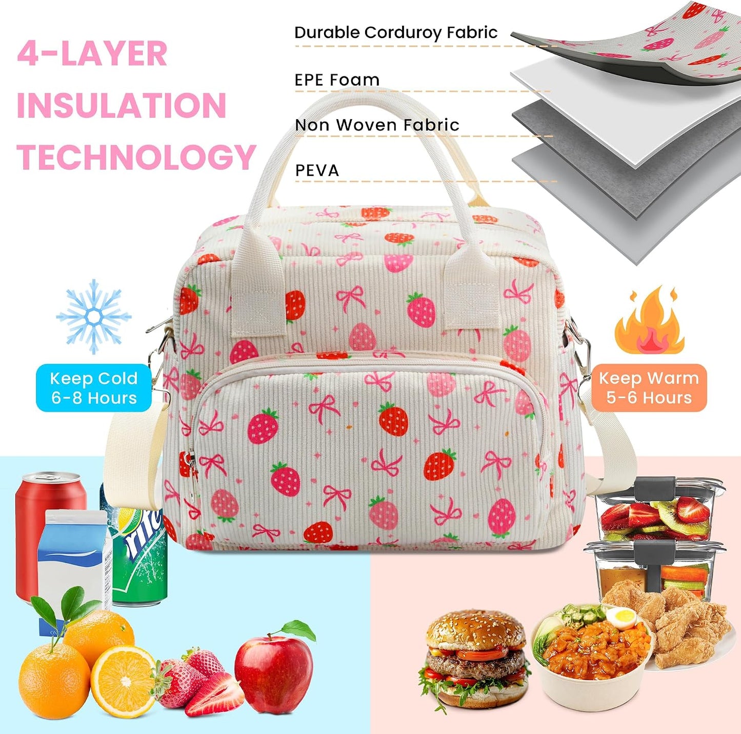 RLGPBON Insulated Lunch Bag Teen Girls, Preppy Lunch Box Large Insulated Lunch Bag Reusable Lunch Tote Bag, Preppy LunchBag for Girls School Travel Picnic