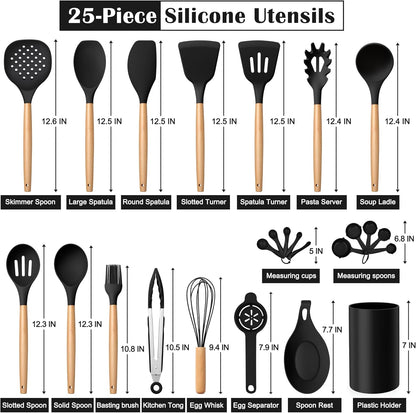 E-far Silicone Cooking Utensils Set, 5-Piece Kitchen Utensils Set with Wooden Handle for Cooking, Silicone Kitchen Nonstick Tools Spatula Turner Slotted Spoons, Nontoxic & Heat Resistant-Khaki