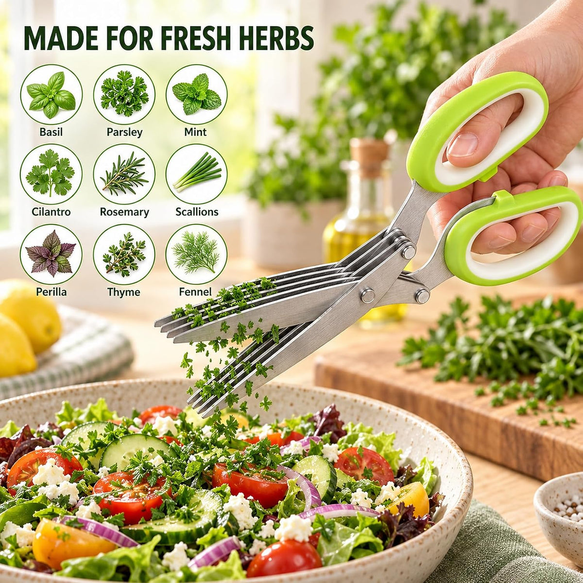5-Blade Stainless Steel Herb Scissors, Herb Cutter with Cleaning Comb