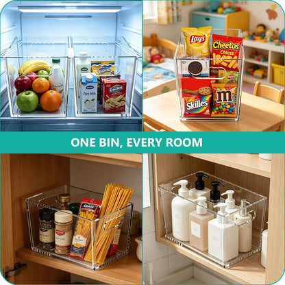 4 Pack Clear Storage Bins, PET Pantry Organizers & No-Tip Storage Containers with Cutout Handles for Fridge Freezer Kitchen Cabinet Closet Countertop, Nestable Open Top Organization Bins Save Space