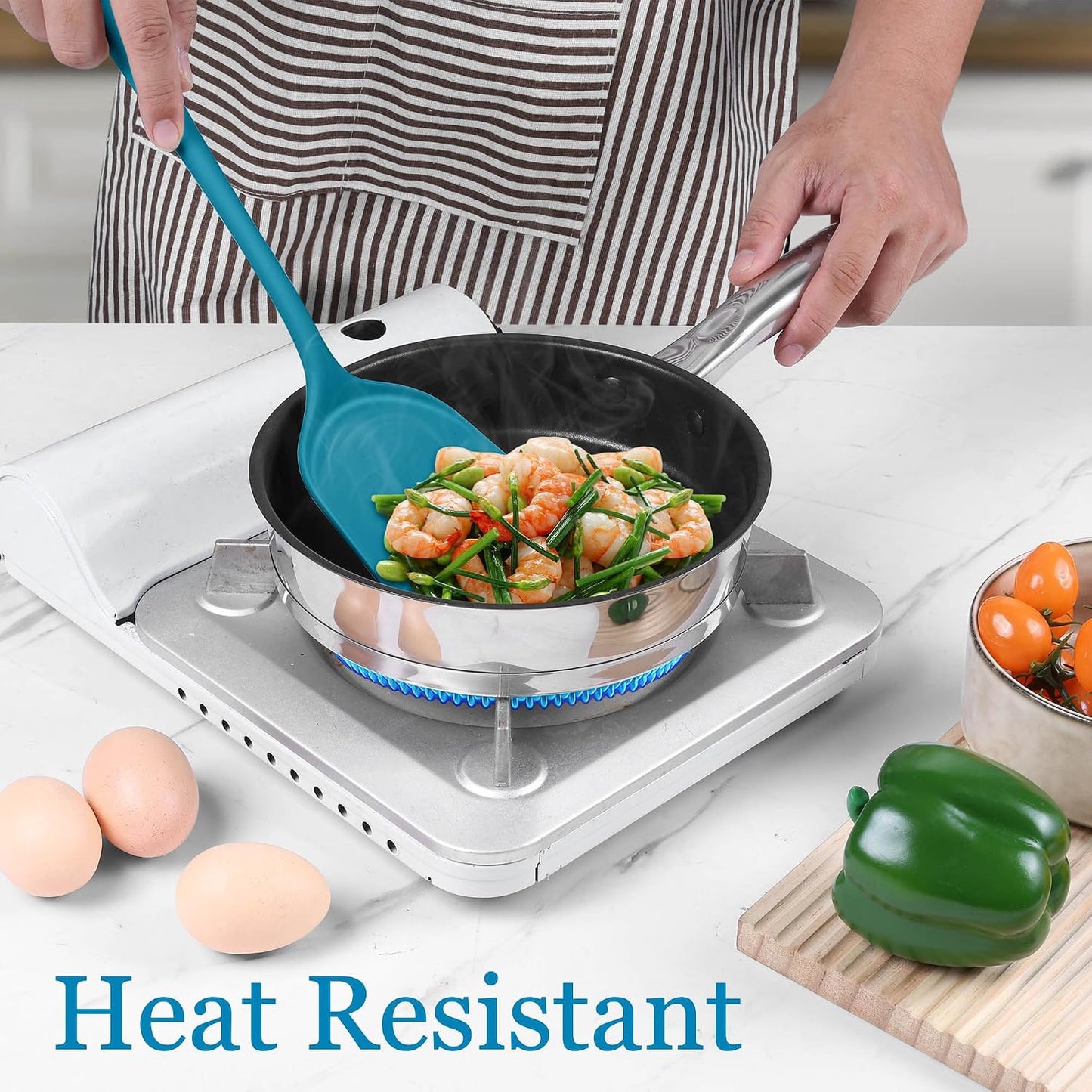 LIANYU Non-Toxic Silicone Kitchen Utensils Set, 8 Piece Non-Scratch Cooking Spoons & Spatulas, Stainless Steel Core, Heat Resistant & Dishwasher Safe, Khaki