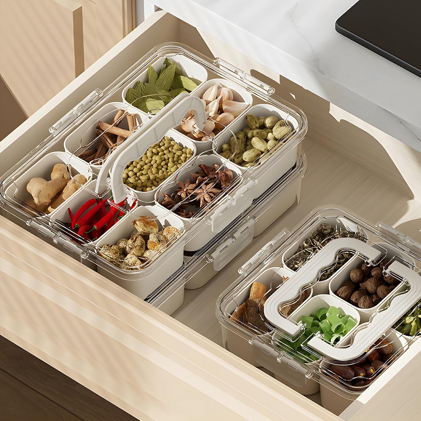 Divided Veggie Tray with Lid and Handle 9 Compartment Serving Tray with Dividers Portable Travel Snack Containers Stackable Snackle Box Charcuterie Container for Fruit,Vegetable,Salad (9 Containers)