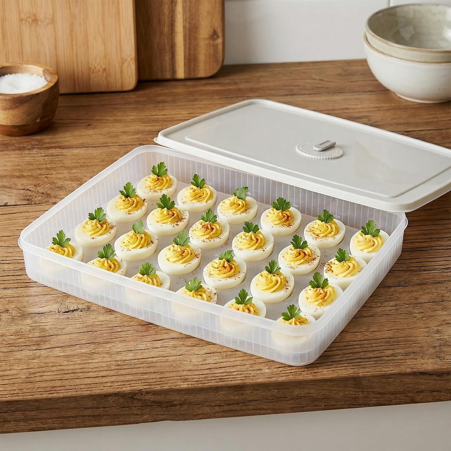 3Tier Deviled Egg Containers with Lid,Plastic Egg Container for Refrigerator with Handle,Deviled Egg Carrier for 72 Eggs,Kitchen,Festival Party, Stackable Egg Holder for Fridge (White)
