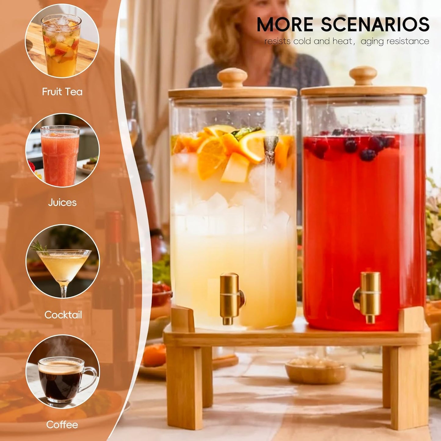 1.5 Gallon 2 Pack Glass Drink dispenser for parties,Beverage Dispenser With Wood Stand,Water Dispensers with spigot,lemonade dispenser,juice containers & water pitcher with lid