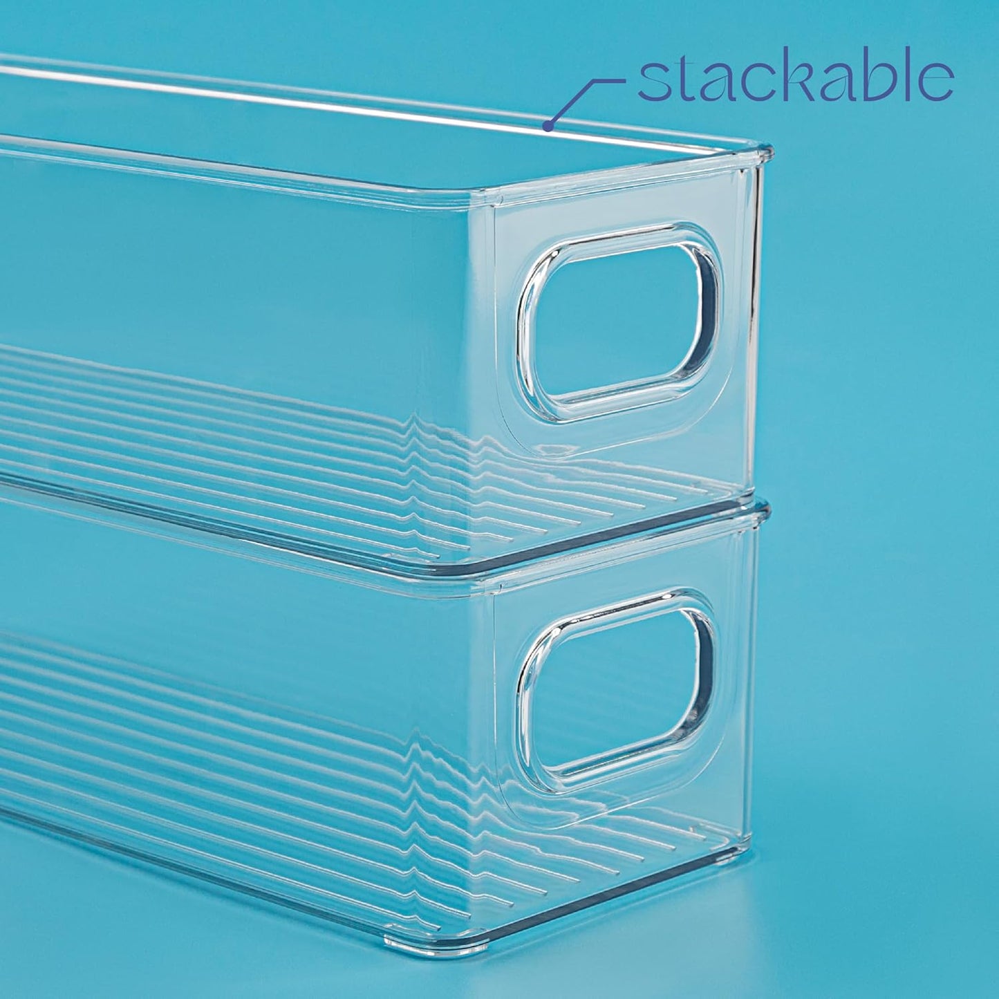 Plastic Food Storage 4 Pack Clear Container Bin with Handles for Organizing Kitchen, Pantry, Refrigerator, Freezer, Pantry, Cabinet, Closet, Bathroom. Stackable 10”x6”x3”