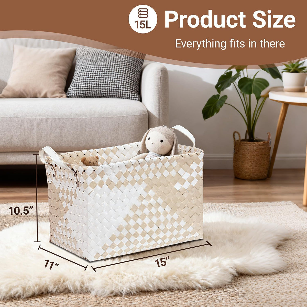 15L Laundry Baskets Waterproof Storage Baskets For Shelves Large Laundry Hamper With Leather Handle -set of 4 Cube Organizers Woven Bins for Bathroom,Bedroom,Pantry,Clothes,Car & Towels-Brown
