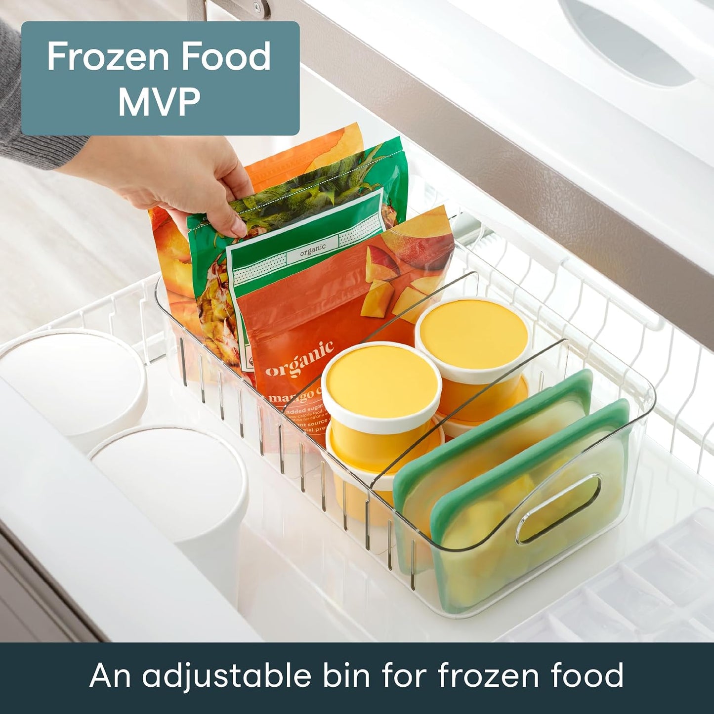 YouCopia FreezeUp Freezer Bin 12", BPA-Free Fridge Organizer with Adjustable Dividers and Handle for Frozen Food and Leftovers