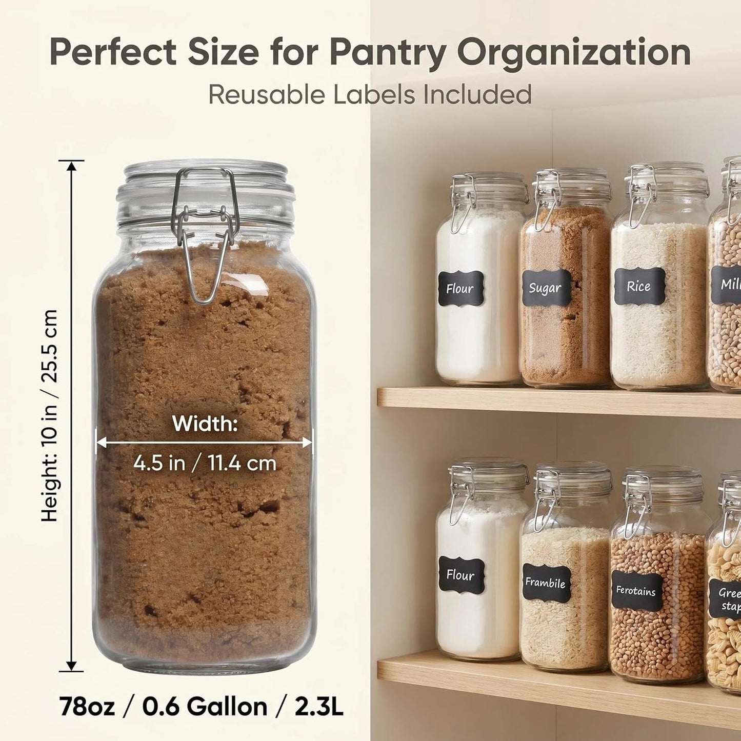 78oz Large Square Airtight Glass Jars with Lids, Wide Mouth Food Storage Canisters, Hold 4lb Sugar or 5lb Rice, Heavy Duty Pantry Containers for Flour, Coffee, Bulk Storage