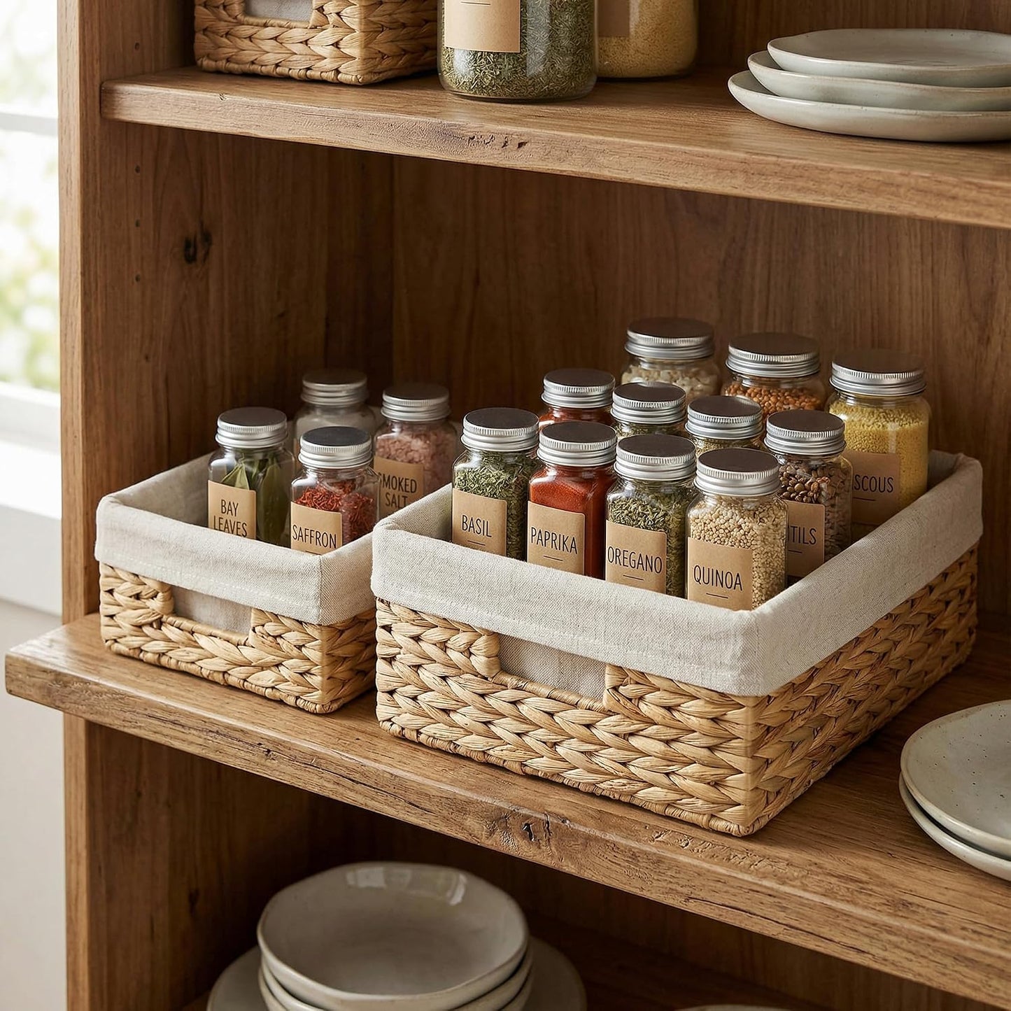 Set of 2 Hyacinth Woven Baskets, Lined Rect Pantry Shelf Storage Organizer | Durable, Long-lasting use, Removable & Washable Liner, Multi-Size Set for Versatile Storage,Two Rectangular Baskets