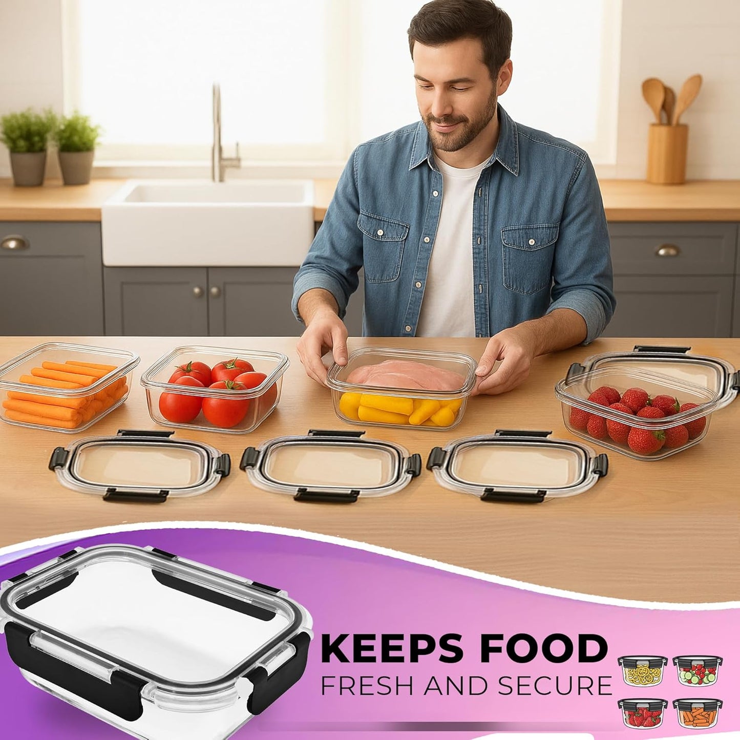 Glass Food Storage Containers Bowls with Airtight Snap Locking Lids for Meal Prep Leftovers Baking Lunch Boxes Dish (Black, 35oz Rectangle 4 Pack)