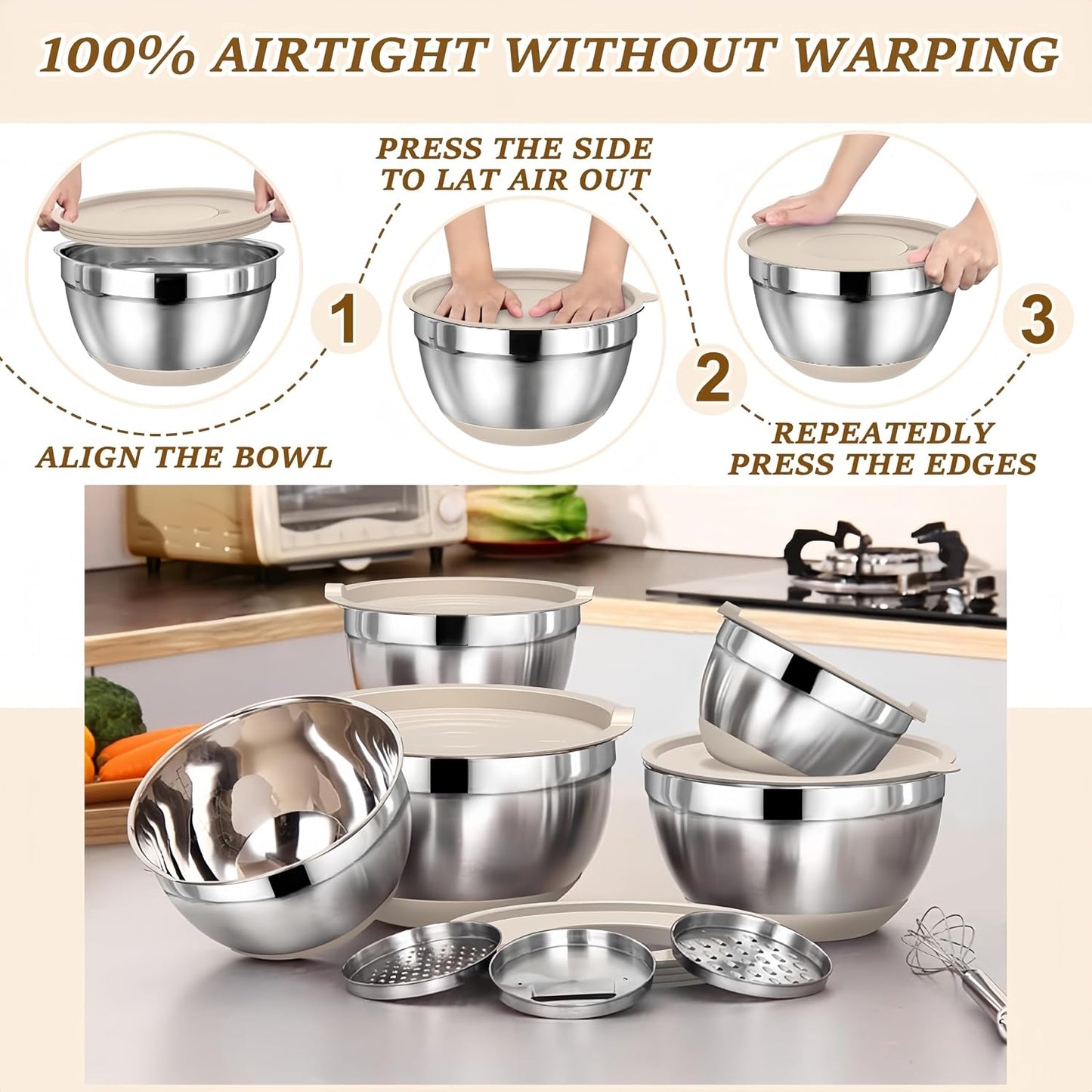 Mixing Bowls with Lids Set,7PCS Stainless Steel Bowls with 3 Grater Attachments and Measuring Spoons,Ideal for Kitchen Cooking & Serving,Non-slip Bottoms Size 6, 4, 3, 2.1,1.5,1,0.63QT (Black)