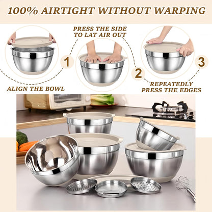 Mixing Bowls with Lids Set,7PCS Stainless Steel Bowls with 3 Grater Attachments and Measuring Spoons,Ideal for Kitchen Cooking & Serving,Non-slip Bottoms Size 6, 4, 3, 2.1,1.5,1,0.63QT (Black)