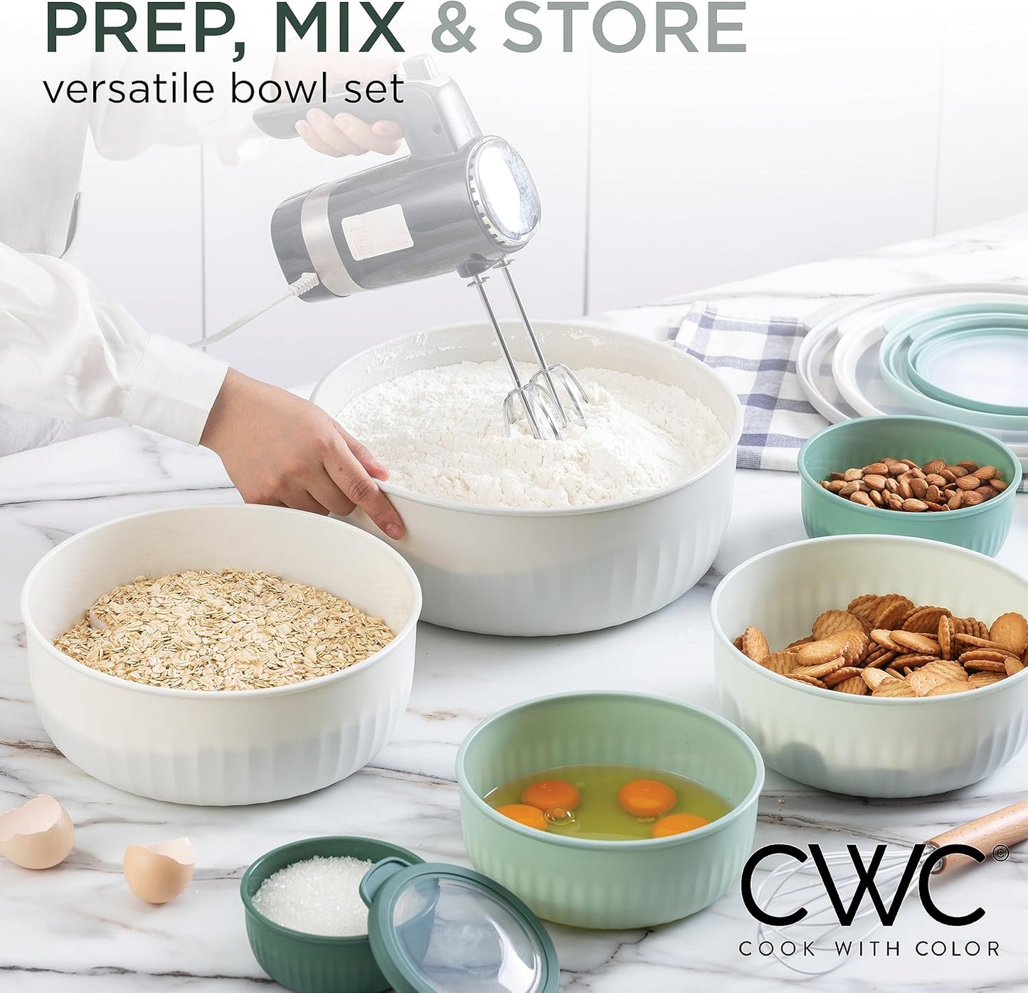 COOK WITH COLOR Prep Bowls with Lids- Wide and Deep Nesting Plastic Small Mixing Bowl Set with Lids, 8 Piece Set - Wide Bowls, Blue
