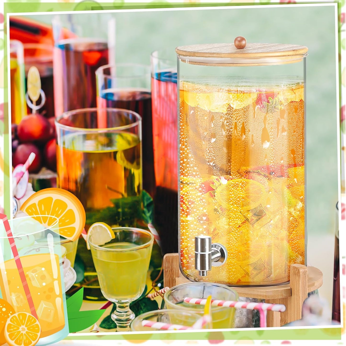 FillTouch 2 Pack 2.5 Gallon Drink Dispensers for Parties, Glass Beverage Dispensers with Bamboo Stand, Spigot and Bamboo Lid Leakproof for Lemonade Juice, Tea, Water, and Party Drinks
