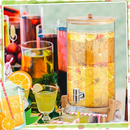 FillTouch 2 Pack 2.5 Gallon Drink Dispensers for Parties, Glass Beverage Dispensers with Bamboo Stand, Spigot and Bamboo Lid Leakproof for Lemonade Juice, Tea, Water, and Party Drinks