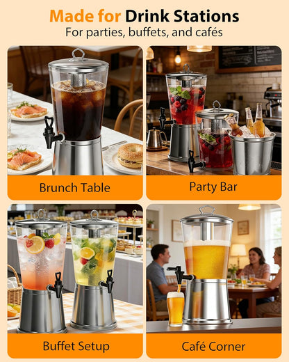 Beverage Dispenser with Stand, 3 Gallon Drink Dispenser for Parties,Events,Buffet &Self-Serve,Dual Ice Tube Core Fruit Infuser,Leakproof Spigot,Clear PC Container, Stainless Steel Lid&Base