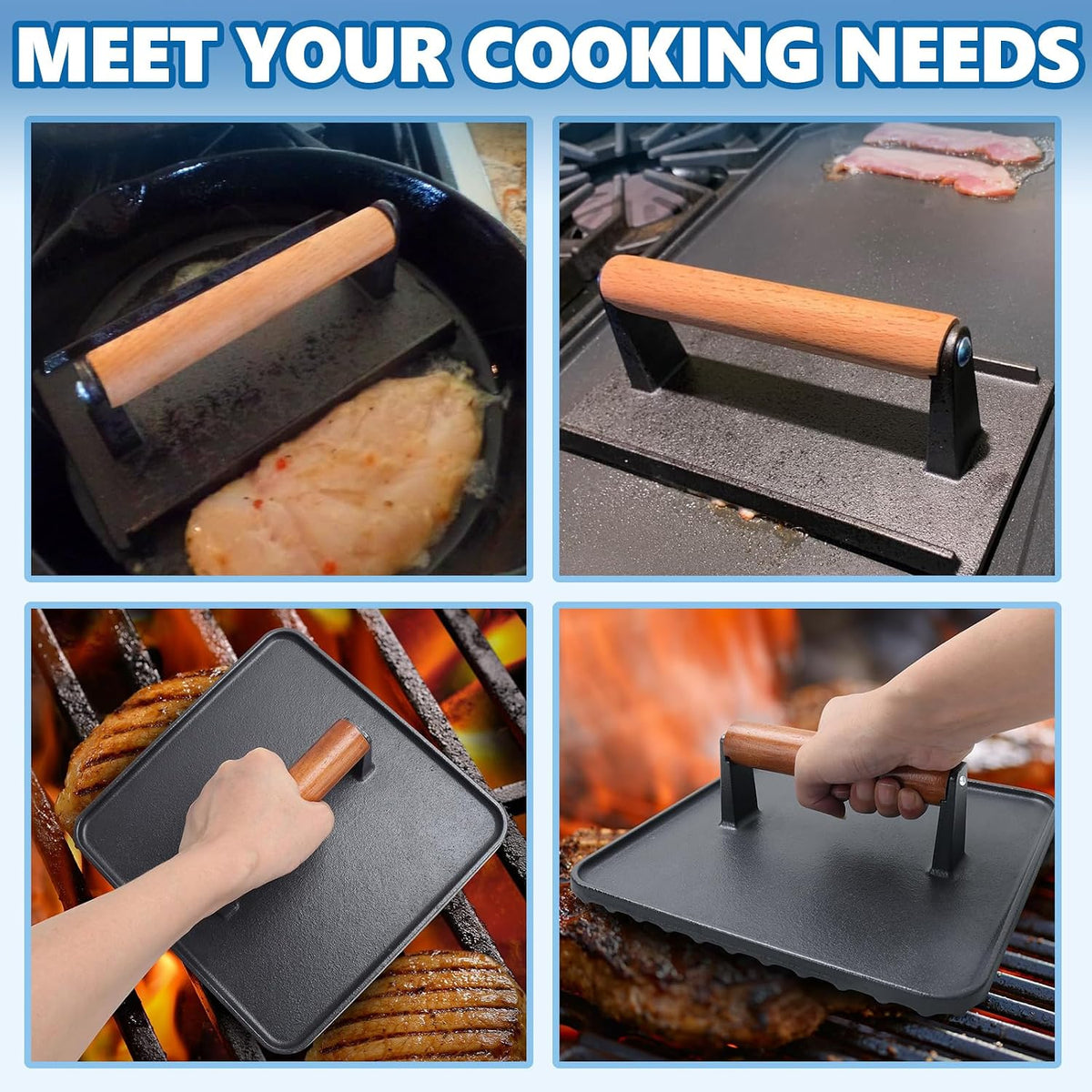 Cast Iron Square Burger Press&Rectangle Meat Press for Griddle Accessories