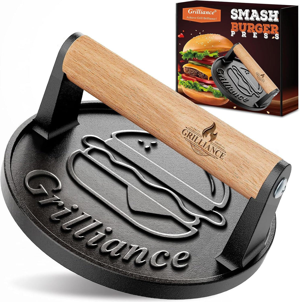 Grilliance Smash Burger Press Kit, Cast Iron Flat Round Hamburger Smasher 6.6"