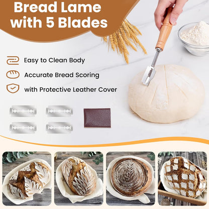 Danish Dough Whisk with Sourdough Scoring Tool, Bread Making Tools and Baking Supplies - Dough Hook Dutch Whisk, Bread Lame, Bench Scraper & Pastry Brush