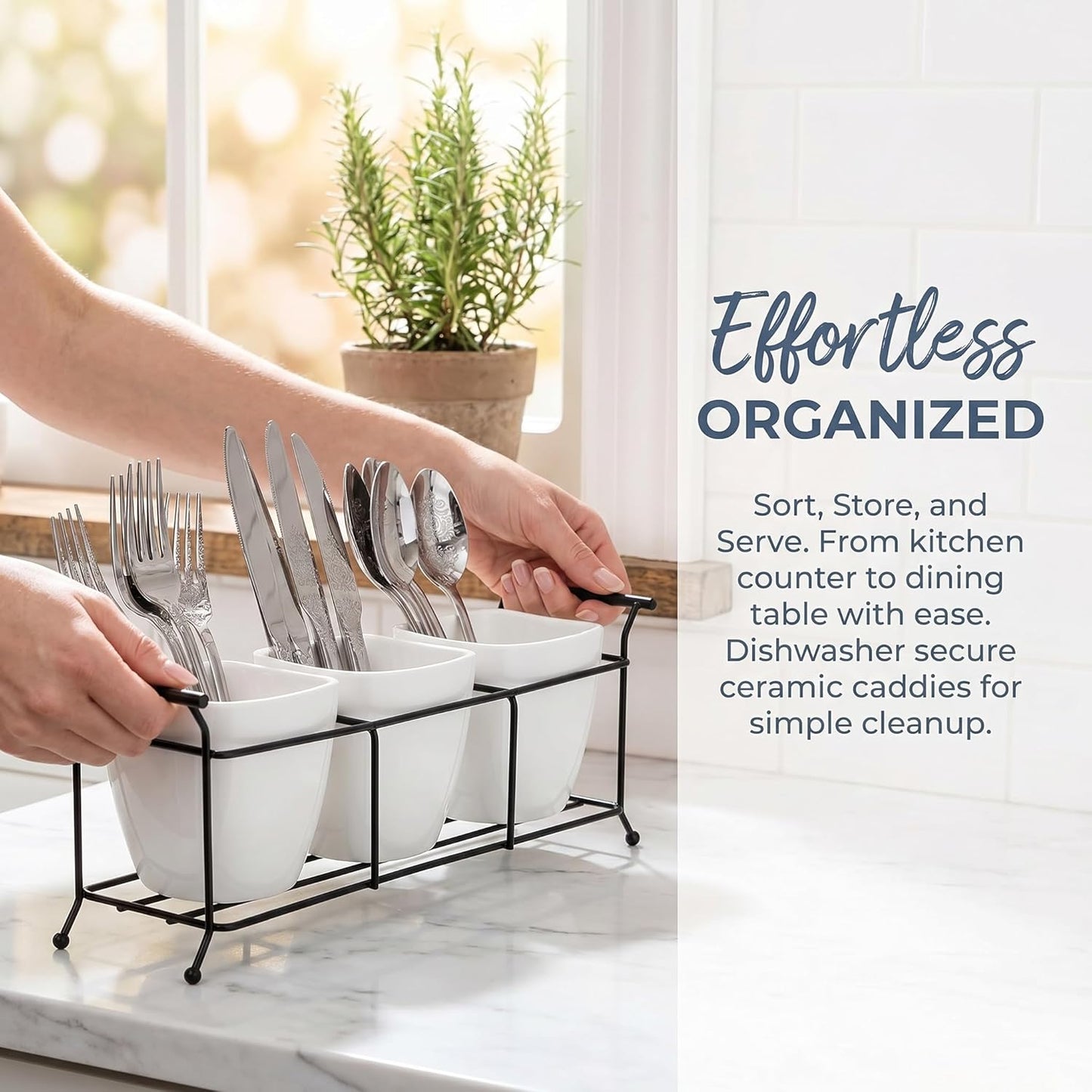 Bekith 3-Piece Ceramic Flatware Caddy with Metal Rack, Utensil Holder Silverware Caddy Cutlery Organizer, White