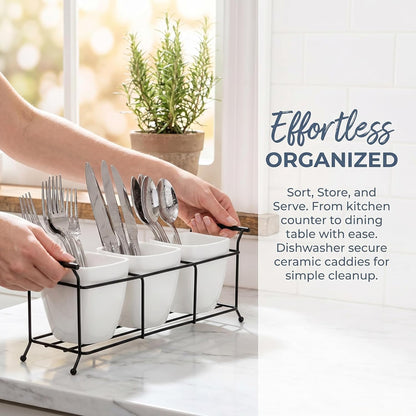 Bekith 3-Piece Ceramic Flatware Caddy with Metal Rack, Utensil Holder Silverware Caddy Cutlery Organizer, White