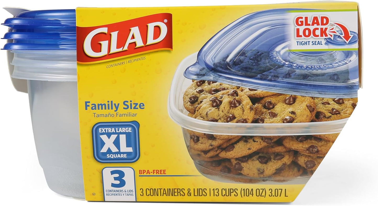 Glad GladWare Tall Entree Food Storage Containers with Lids, Large Square BPA Free Plastic for Meal Prep and Lunches, Lock Tight Seal, Microwave and Dishwasher Safe, 42 Oz, 3 Count