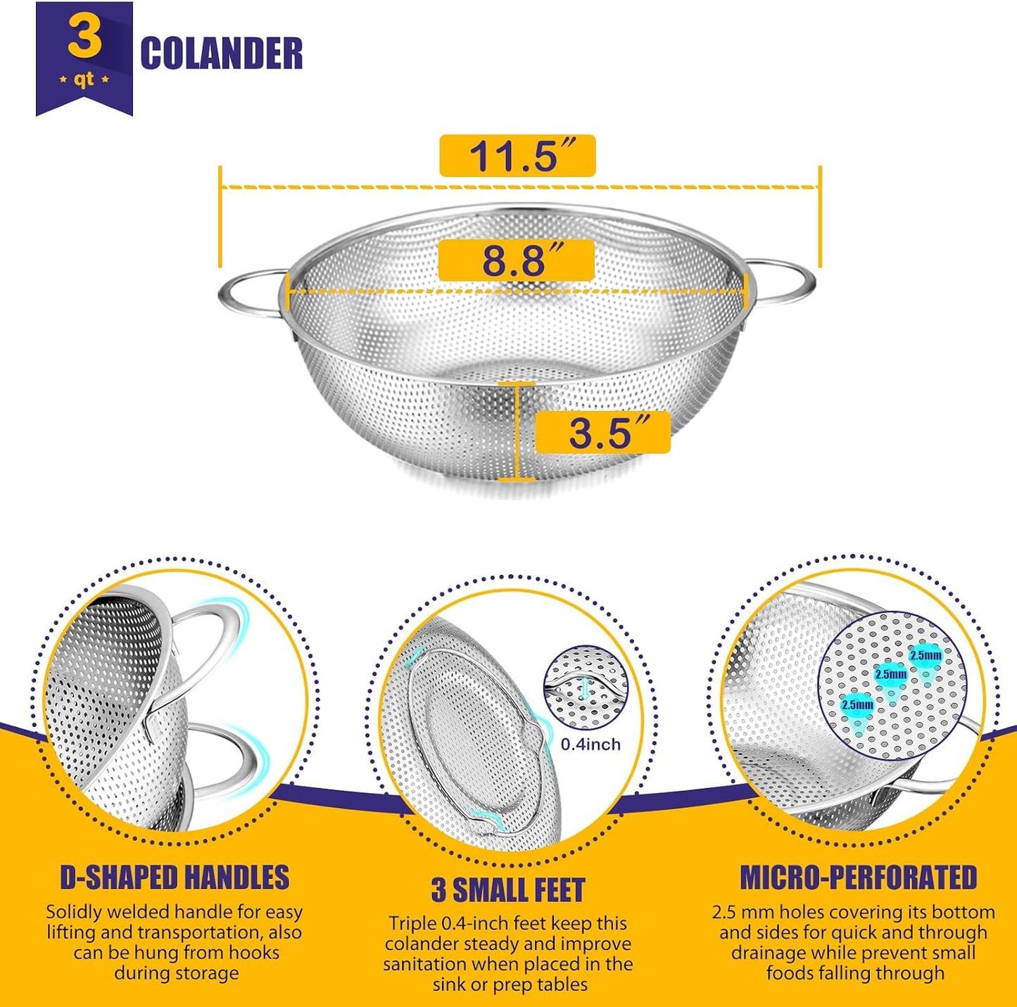 E-far Stainless Steel Colander Set of 3 (1-3-5Quart), Micro-Perforated Metal Colander Strainer with Handle for Kitchen/Draining Pasta/Rinsing Vegetables Fruits, Heavy Duty & Dishwasher Safe