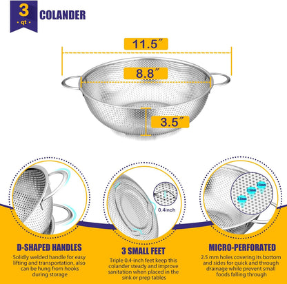 E-far Stainless Steel Colander Set of 3 (1-3-5Quart), Micro-Perforated Metal Colander Strainer with Handle for Kitchen/Draining Pasta/Rinsing Vegetables Fruits, Heavy Duty & Dishwasher Safe