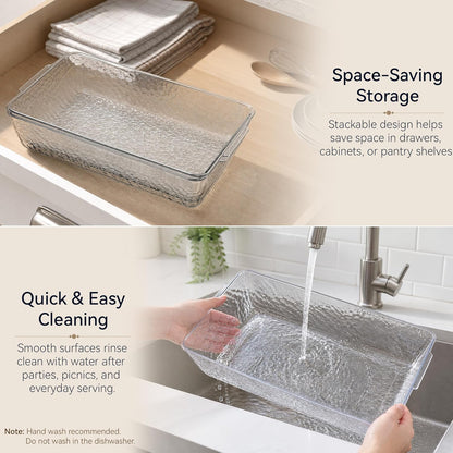 2 Pack Chilled Serving Tray with Ice Chamber, Clear PET Appetizer Platter Set with Stainless Steel Tongs, Fruit Forks & Ice Scoop, Cold Food Tray for Seafood, Fruit, BBQ & Pool Parties