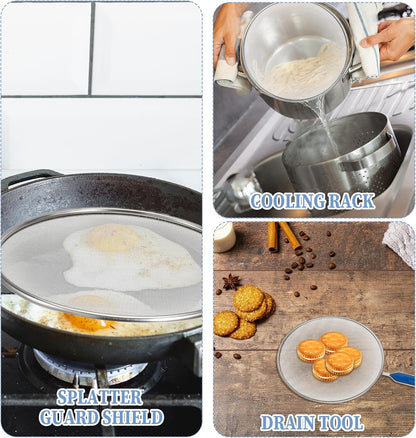 Stainless Steel Grease Splatter Screen for Frying Pan 8’’ Splatter Guard with Comfortable Grip Handle Pan Cover Cooking Protector Ultra Fine Mesh Prevents Oil Splatters and Messes for Frying Cooking