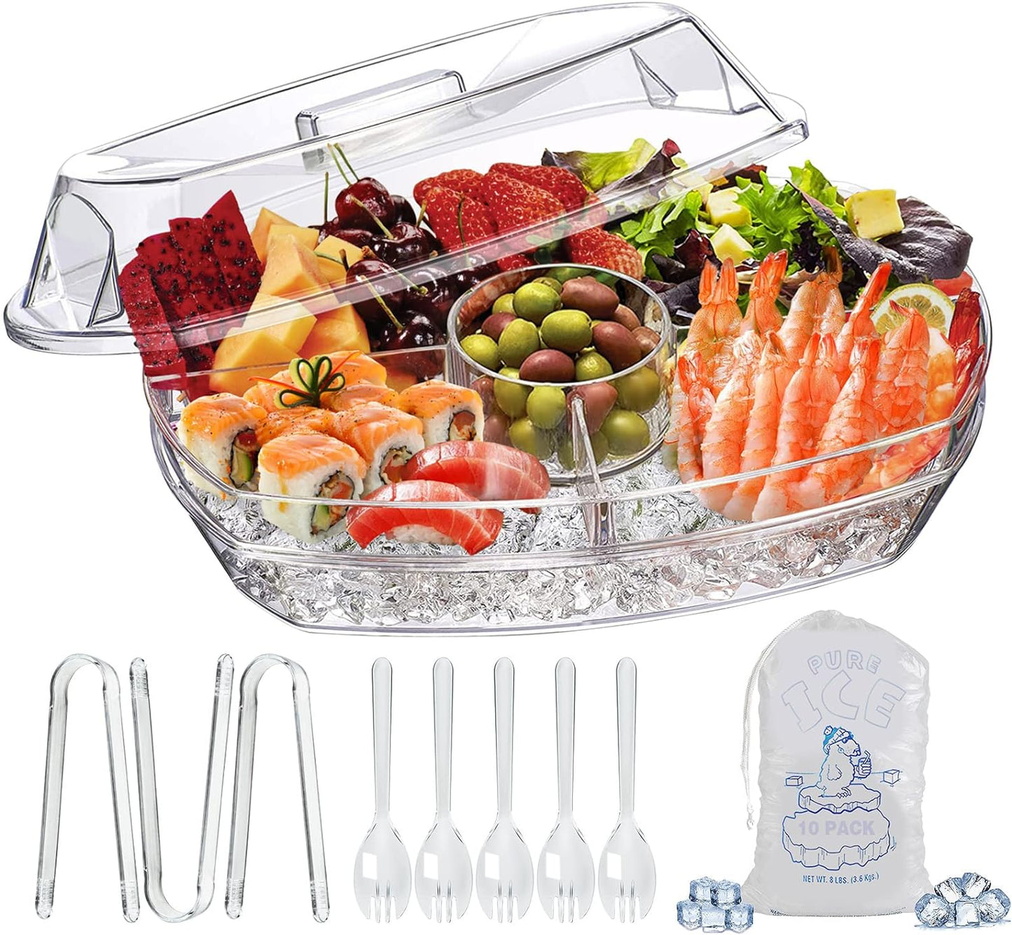 LIMOEASY Chilled Veggie Tray, 15 Inch Clear Party Platter with 4 Compartments, Ice Serving Bowl with Lid, Cold Food Buffet Server for Fruit, Vegetable, Appetizer, Shrimp