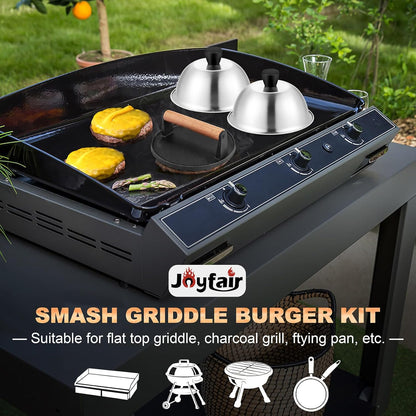6 Inch Griddle Basting Covers & Smash Burger Press (2 Lids+1 Press), Joyfair Small Cheese Melting Dome with Grill Press for Flattop BBQ Grilling Bacon Patty, Heavy Gauge Stainless Steel & Cast Iron