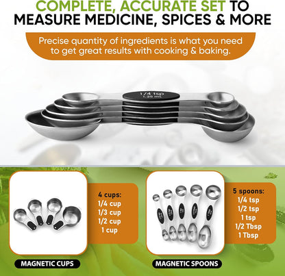 Spring Chef Magnetic Measuring Cups & Spoons Set, Patented, Strong N45 Magnets, Heavy Duty Stainless Steel Fits in Spice Jars for Baking & Cooking, BPA Free, Round Set of 15 with Leveler, Black