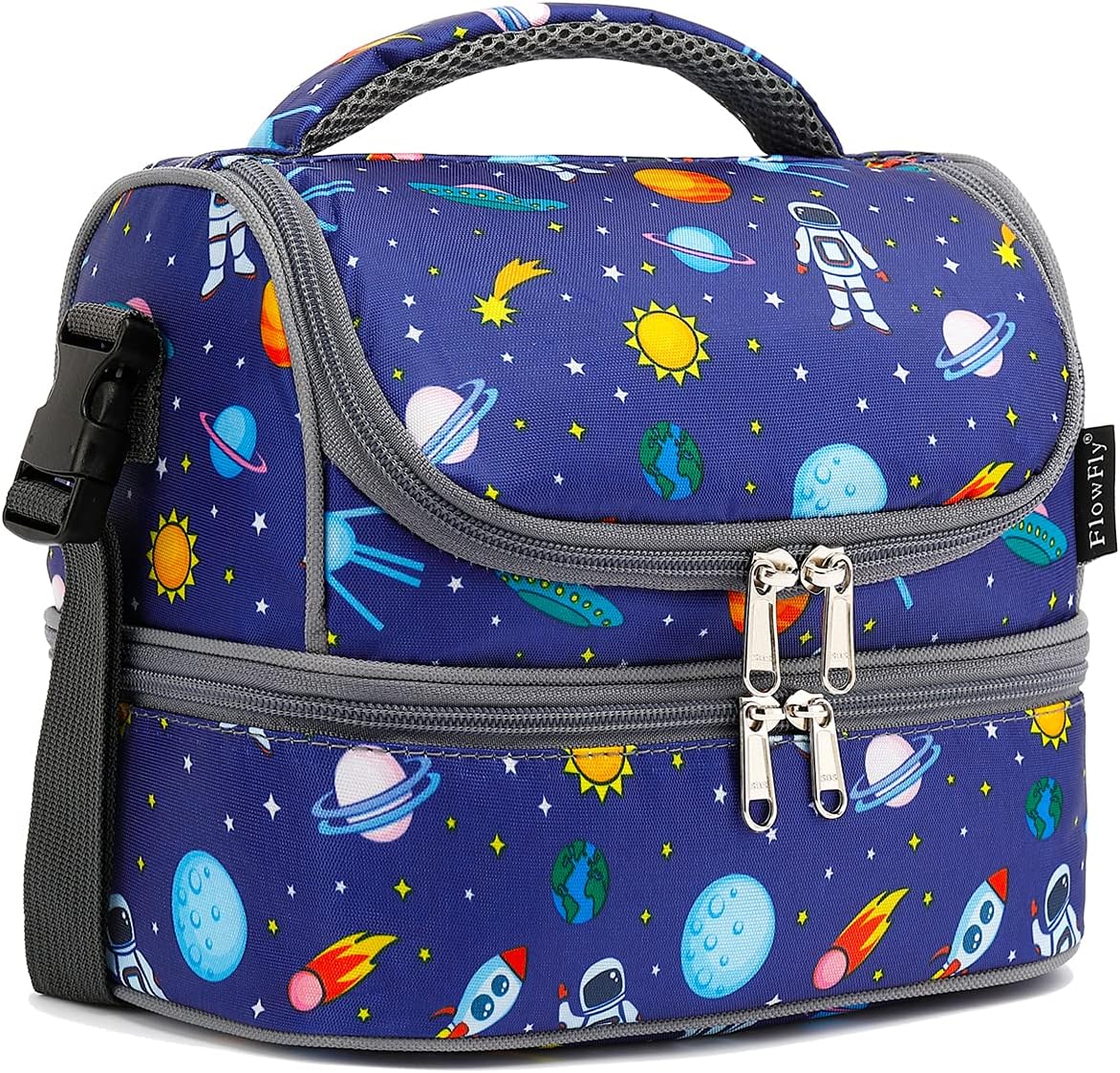 FlowFly Kids Double Decker Cooler Insulated Lunch Bag Large Tote for Boys, Girls, Men, Women, With Adjustable Strap, Unicorn