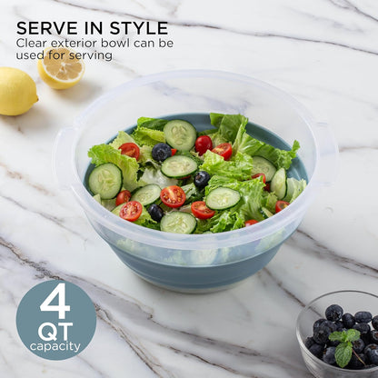 COOK WITH COLOR Collapsible Salad Spinner - 4 QT Space Saving Lettuce Dryer with Folding Collapsible Colander Great for Washing and Drying Fruit and Vegetables (Grey)
