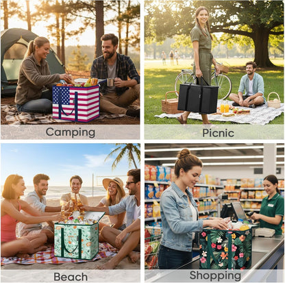 BALEINE 2Pk Insulated Reusable Grocery Bags, Collapsible Cooler Bag for Groceries, Heavy Duty Large Insulated Bag (16''x9''x13'', Antique Foliage)