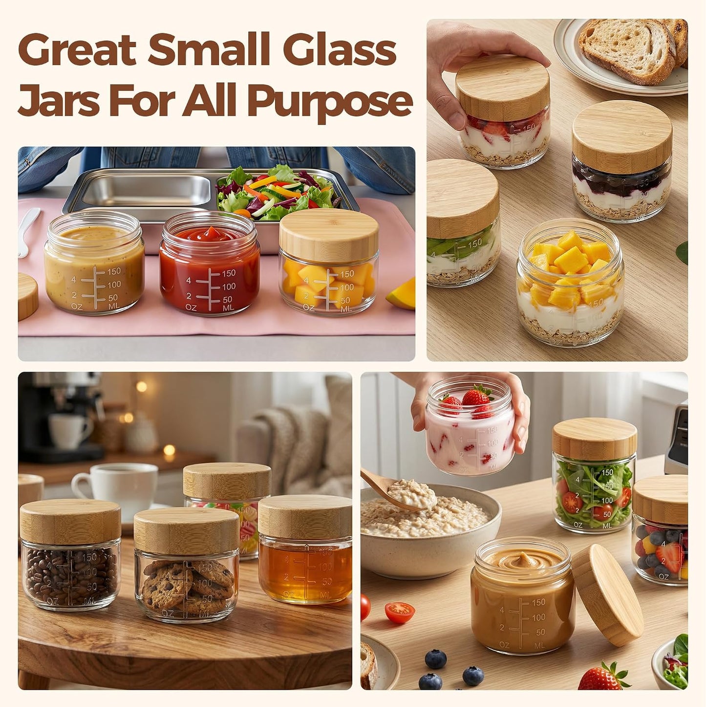 6oz Glass Jars with Airtight Lids - 6 Pack Overnight Oats Containers with Bamboo Lids, Small Food Containers with Measurement for Yogurt, Salad, Chia, Wide Mouth Mason Jar with Lid for Food Storage