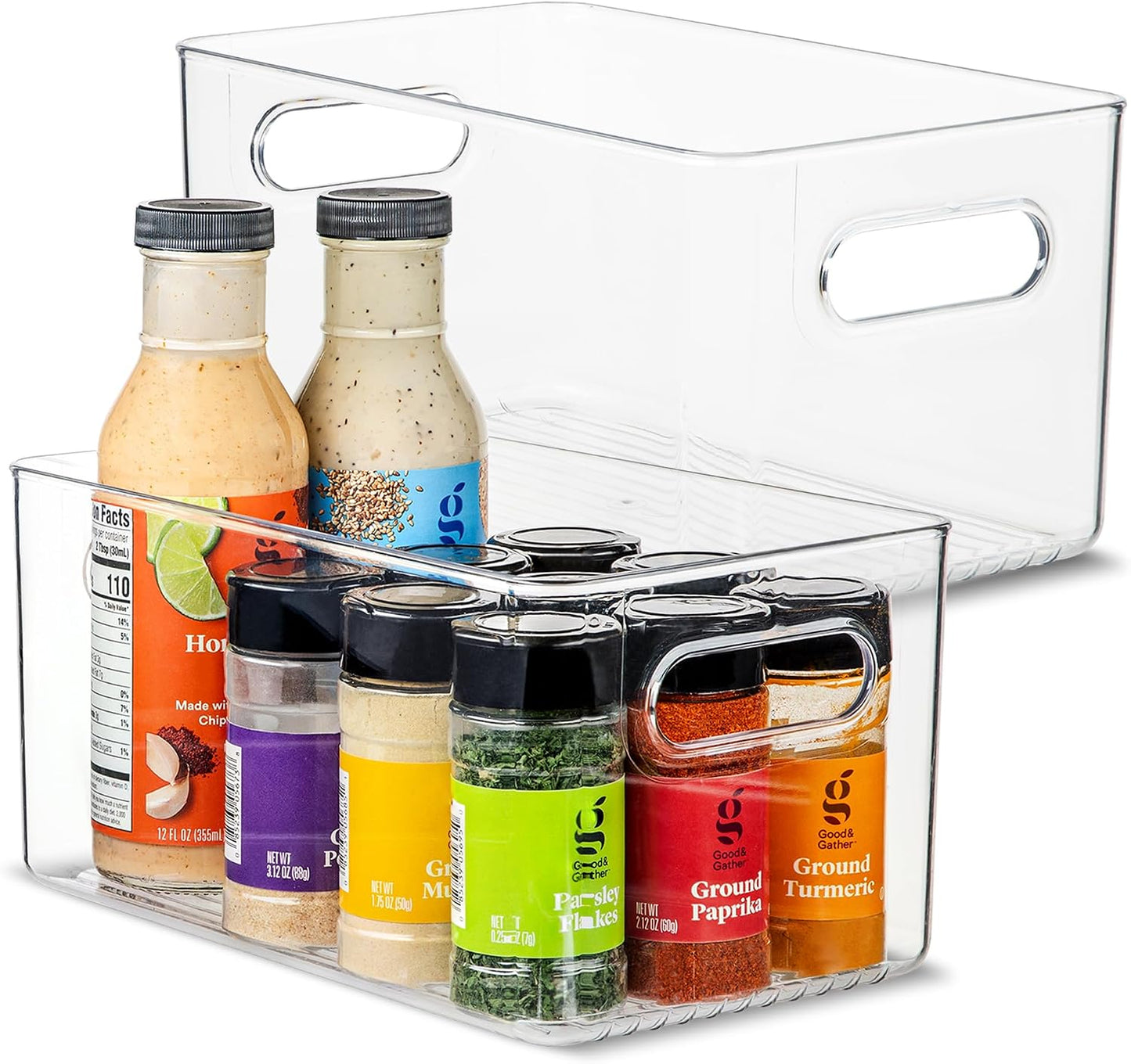 Plastic Food Storage 4 Pack Clear Container Bin with Handles for Organizing Kitchen, Pantry, Refrigerator, Freezer, Pantry, Cabinet, Closet, Bathroom. Stackable 10”x6”x3”