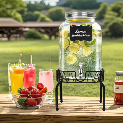 DHSBTLS 2 Gallon Glass Drink Dispensers, 1 Pack Clear Beverage Dispenser for Party, BBQ and Picnic, Juice Dispenser with Ice Core, Black Stand, Spigot, Markers and Chalkboard