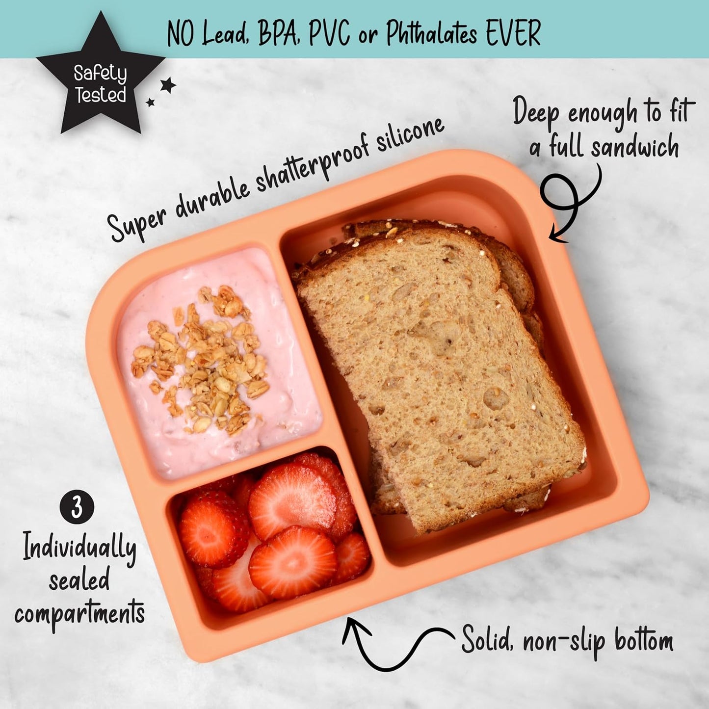 PrimaStella Unbreakable Silicone Lunch Box for Kids and Adults - Divided Leak Proof Bento Box (Slate Blue)