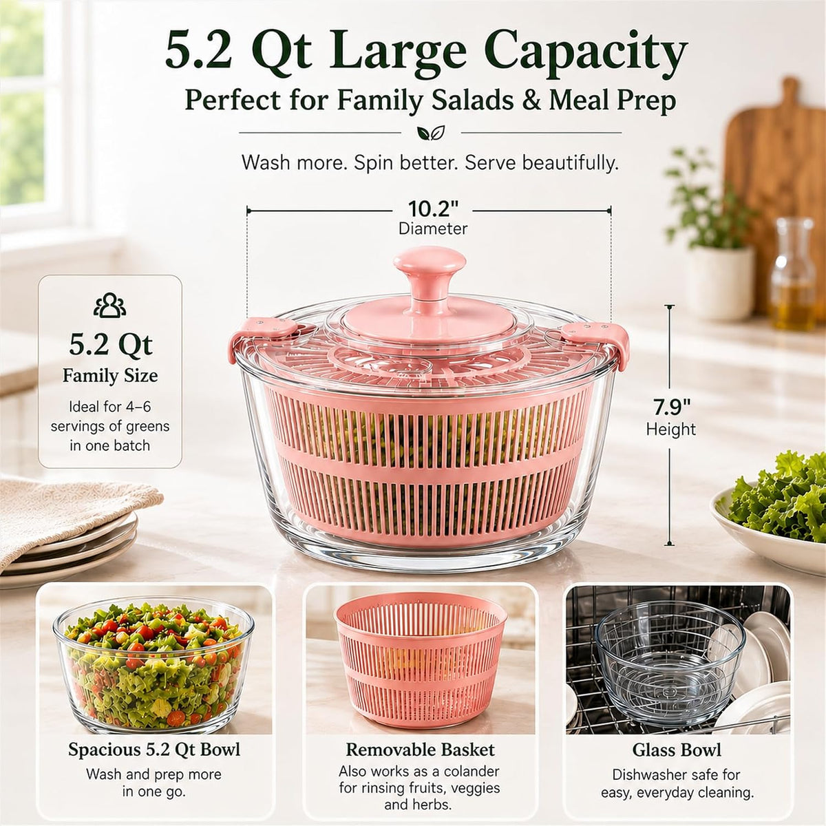 Large 5.2 Qt Glass Salad Spinner with Storage Lid Glass Bowl Black