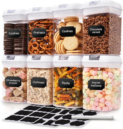 Set of 8 Airtight Food Storage Containers - Pantry Organizer Bins, BPA Free Plastic Containers plus Dry Erase Marker and Labels, Pink