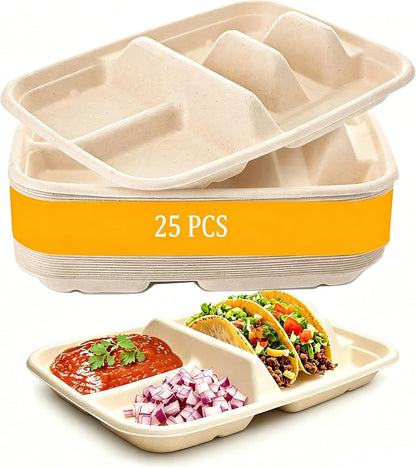 Disposable Taco Plates for 2 Tacos & 2 Sides – 25 PACK | Premium Paper Plates with Dividers, Fiesta Taco Holder, Taco Stand for Tuesday & Bar Serving Set