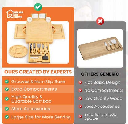 Bamboo Charcuterie Board Gift Set | Large Cheese Board with Hidden Drawers, Knives & Bowls | Perfect Housewarming, Wedding for Couples and Hosts