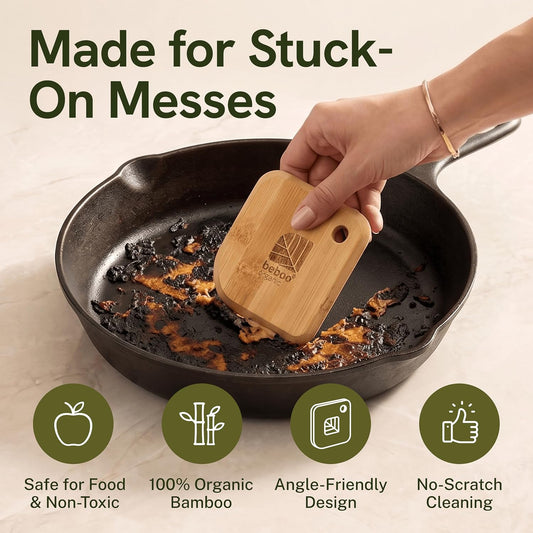 Bamboo Pot and Pan Scraper Set (3 Pcs) – Non-Scratch Cast Iron Cleaner & Dish Scraping Tool