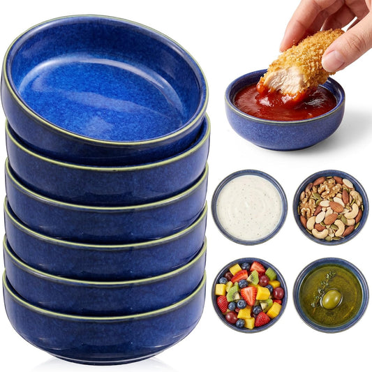 6Pcs 3.4" Ceramic Soy Sauce Dish 2.5oz Reactive Glaze Dipping Bowl