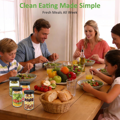 4Pack Glass Salad Jars with Lids, 32oz Salads Mason Jars with Wet/Dry Separation Cup, Meal Prep Salad Containers for Lunch, Leakproof Wide Mouth Food Storage Containers, BPA-Free Reusable (Black)