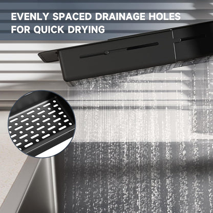 NiHome Extendable Over Sink Kitchen Organizer, Small Telescopic Brush Storage Rack for Sponge, Non-Slip Pads Expandable Sink Caddy, Adjustable Sponge/Brush Rack with Drainage Durable ABS (Dark Gray)