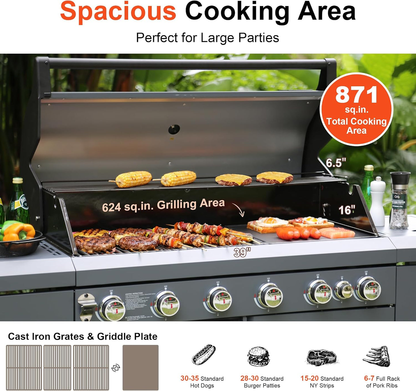 Brand-Man 4-Burner Gas Outdoor Kitchen Grill Island with Side Burner - 44,000 BTU Stainless Steel BBQ Grill Station with Storage Cabinets, Fold-out Prep Table, LPG/NG Convertible, Black