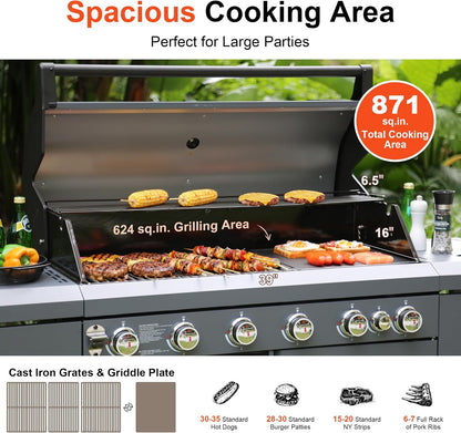 Brand-Man 4-Burner Gas Outdoor Kitchen Grill Island with Side Burner - 44,000 BTU Stainless Steel BBQ Grill Station with Storage Cabinets, Fold-out Prep Table, LPG/NG Convertible, Black